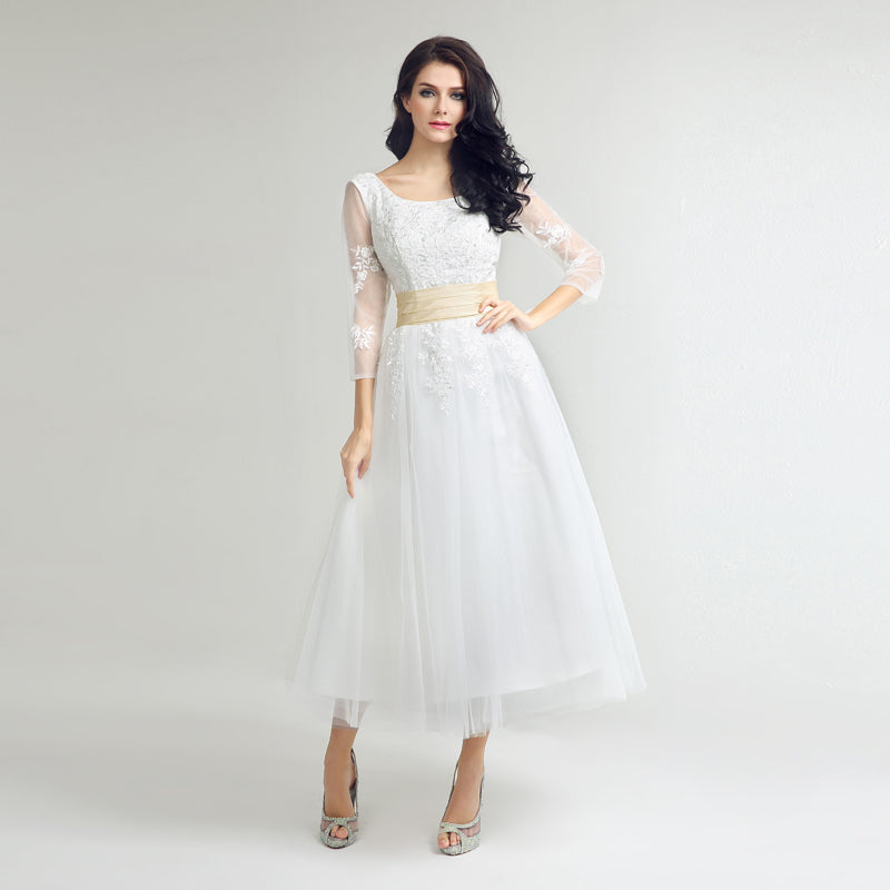Charming White Lace Prom Dress with 3/4 Sheer Sleeves and Gold Waistband,SD036