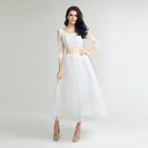 Charming White Lace Prom Dress with 3/4 Sheer Sleeves and Gold Waistband,SD036