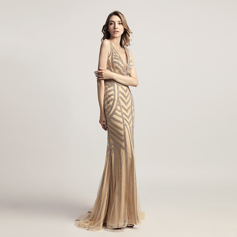 Glamorous Gold Sleeveless V - Neck Mermaid Gown with Geometric Embellishment Prom Dress,LX476