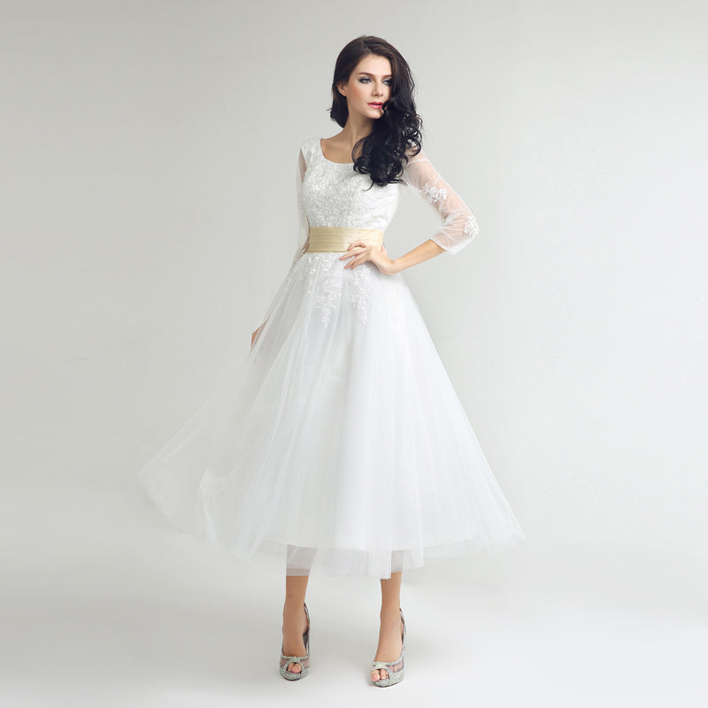 Charming White Lace Prom Dress with 3/4 Sheer Sleeves and Gold Waistband,SD036