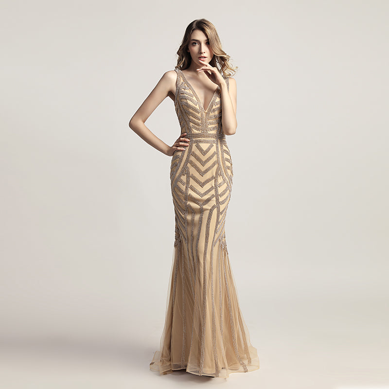 Glamorous Gold Sleeveless V - Neck Mermaid Gown with Geometric Embellishment Prom Dress,LX476