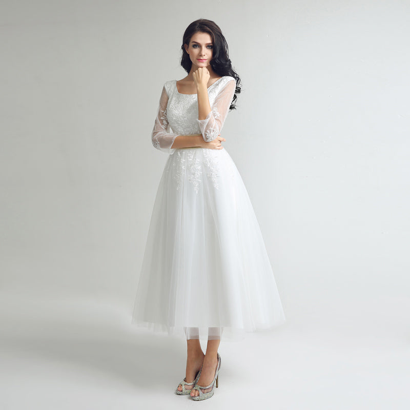 Charming White Lace Prom Dress with 3/4 Sheer Sleeves and Gold Waistband,SD036