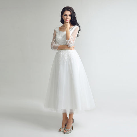 Charming White Lace Prom Dress with 3/4 Sheer Sleeves and Gold Waistband,SD036