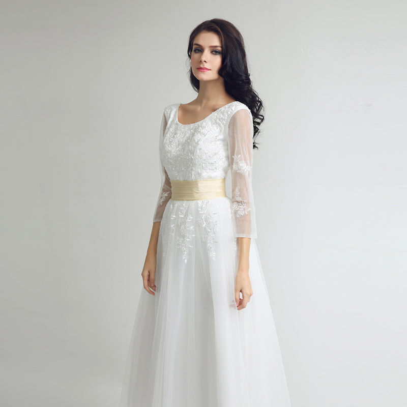 Charming White Lace Prom Dress with 3/4 Sheer Sleeves and Gold Waistband,SD036