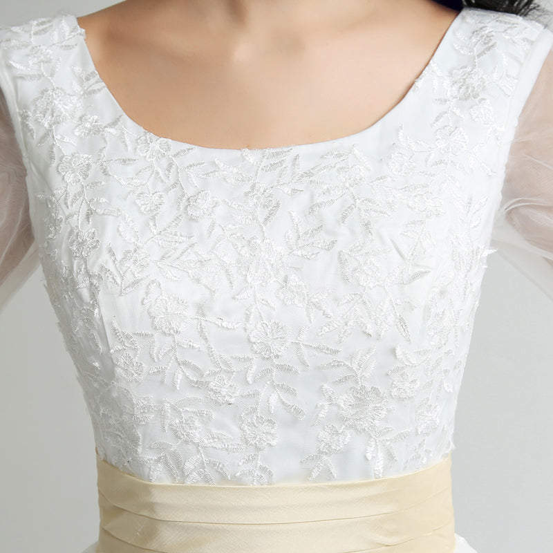 Charming White Lace Prom Dress with 3/4 Sheer Sleeves and Gold Waistband,SD036
