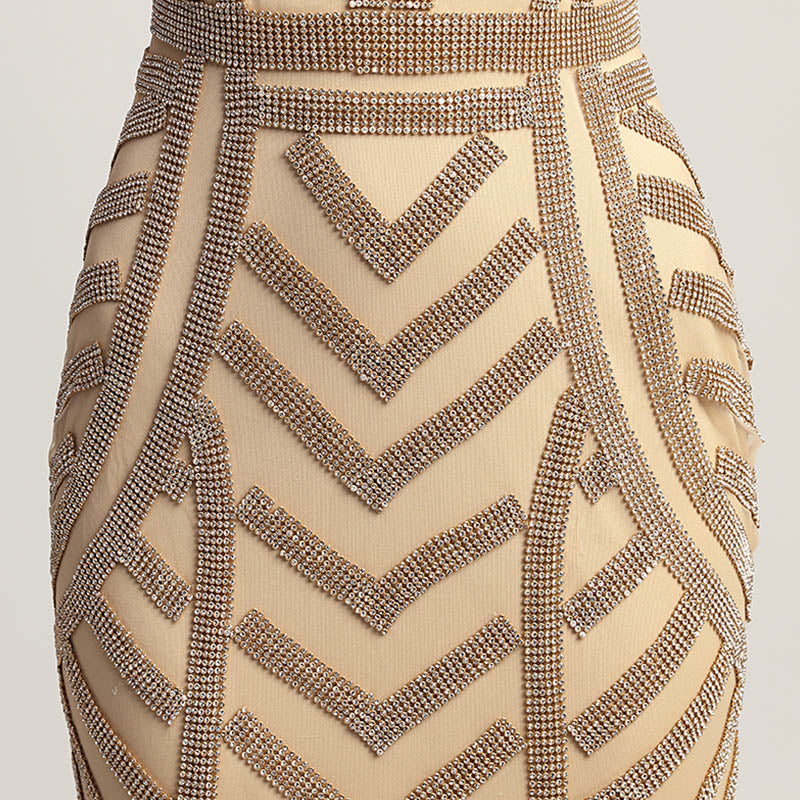 Glamorous Gold Sleeveless V - Neck Mermaid Gown with Geometric Embellishment Prom Dress,LX476