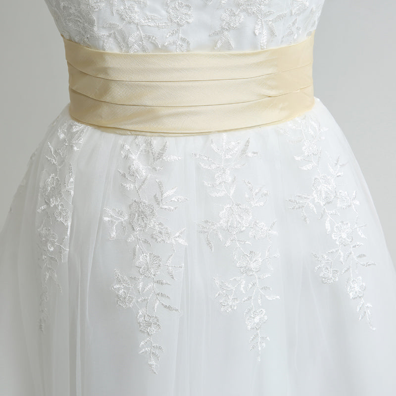 Charming White Lace Prom Dress with 3/4 Sheer Sleeves and Gold Waistband,SD036