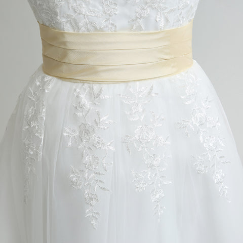 Charming White Lace Prom Dress with 3/4 Sheer Sleeves and Gold Waistband,SD036