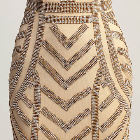 Glamorous Gold Sleeveless V - Neck Mermaid Gown with Geometric Embellishment Prom Dress,LX476