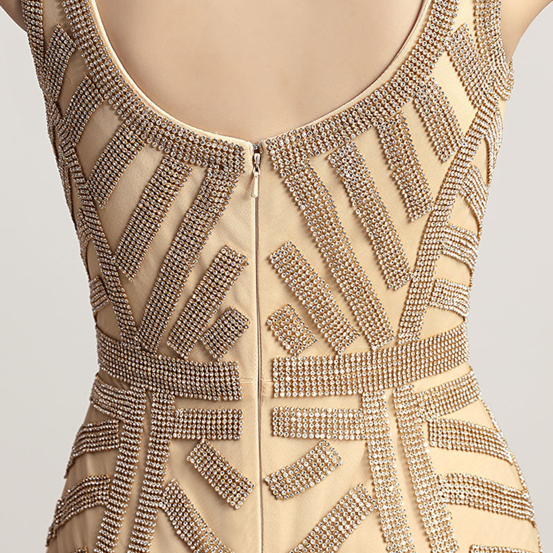 Glamorous Gold Sleeveless V - Neck Mermaid Gown with Geometric Embellishment Prom Dress,LX476