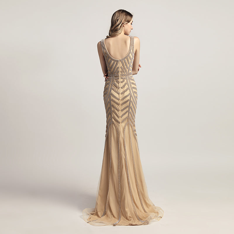 Glamorous Gold Sleeveless V - Neck Mermaid Gown with Geometric Embellishment Prom Dress,LX476