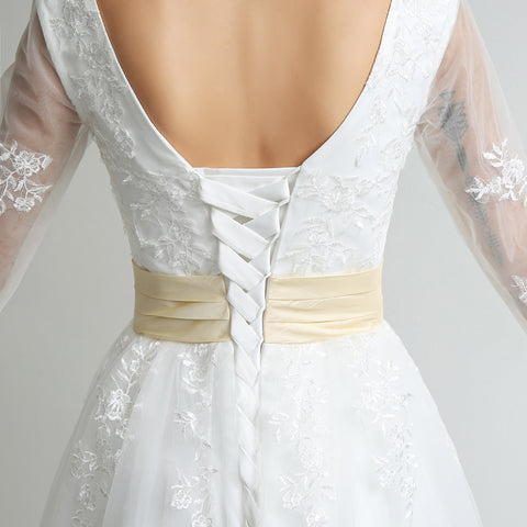 Charming White Lace Prom Dress with 3/4 Sheer Sleeves and Gold Waistband,SD036