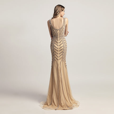 Glamorous Gold Sleeveless V - Neck Mermaid Gown with Geometric Embellishment Prom Dress,LX476