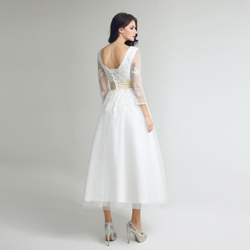 Charming White Lace Prom Dress with 3/4 Sheer Sleeves and Gold Waistband,SD036
