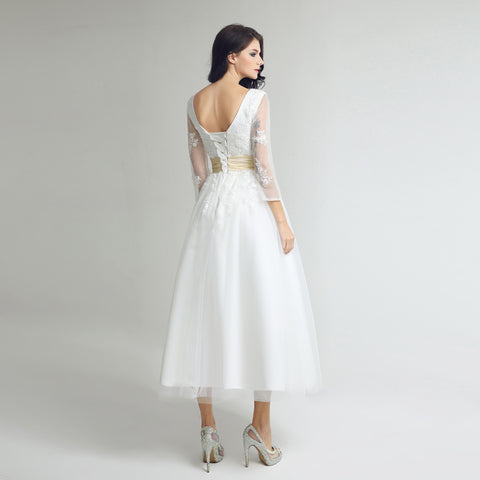 Charming White Lace Prom Dress with 3/4 Sheer Sleeves and Gold Waistband,SD036