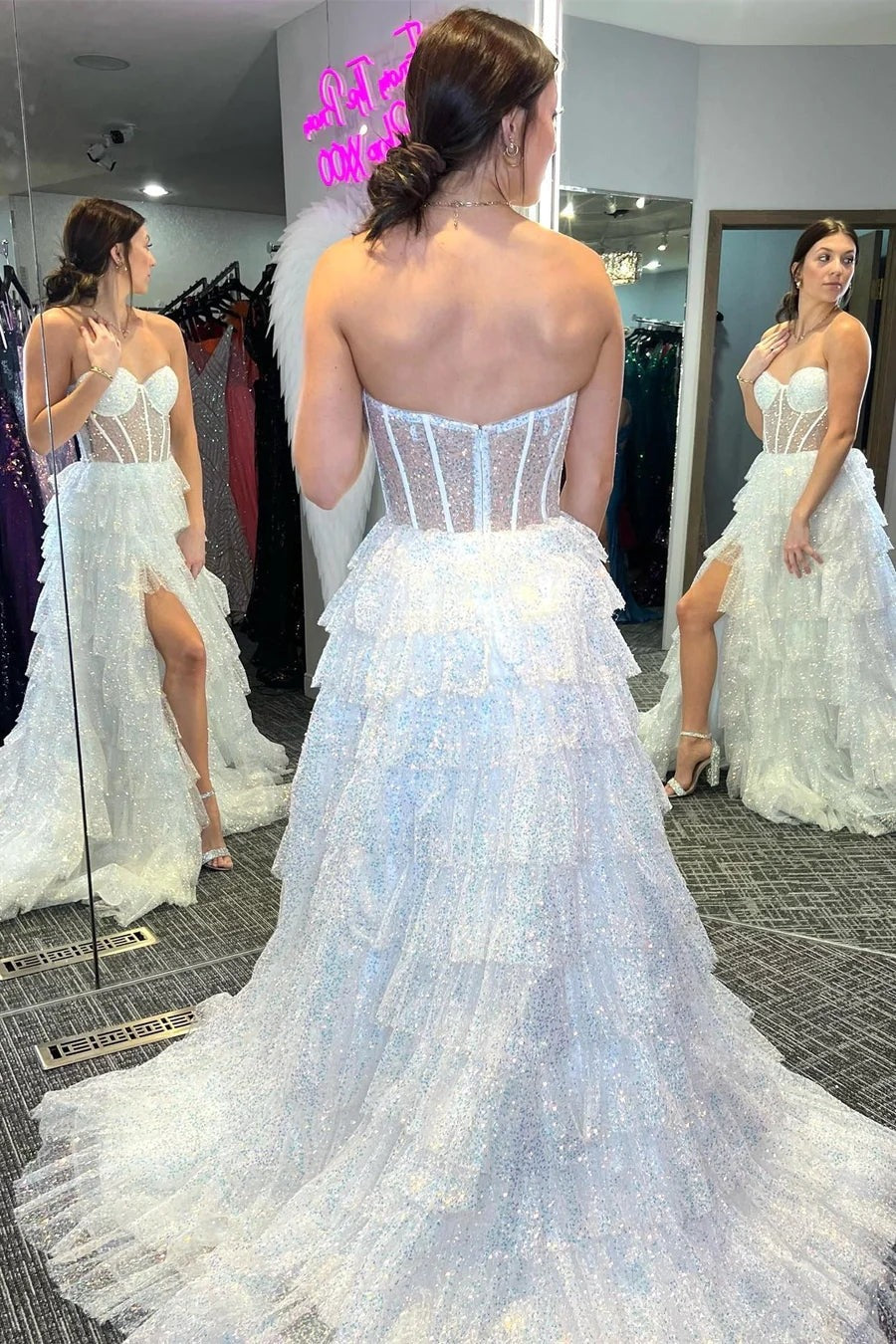 Glitter Corset Ruffle Tiered Tulle Long Prom Dress with Slit