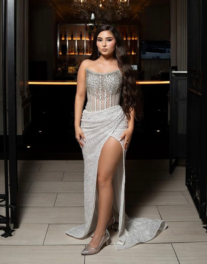 Charming Mermaid Scoop Neck Gold Sequins Slit Prom Dress