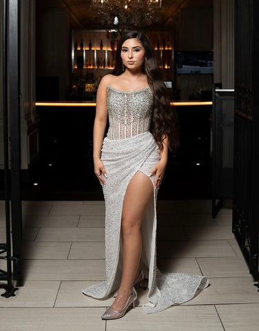 Charming Mermaid Scoop Neck Gold Sequins Slit Prom Dress
