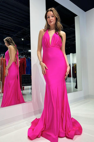 Fuchsia Mermaid Halter Stin Long Prom Dresses