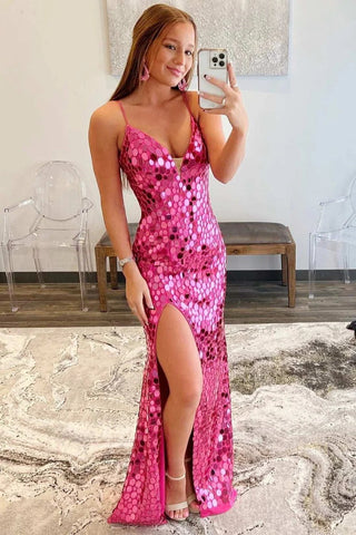 Gorgeous Mermaid V Neck Hot Pink Beading Long Prom Dresses