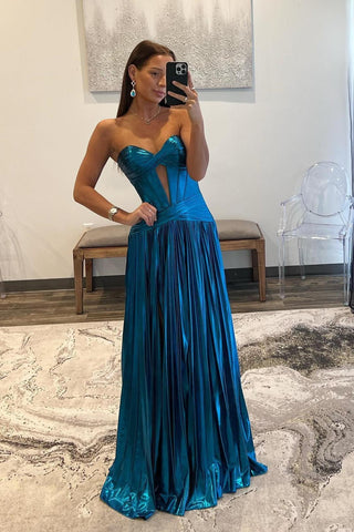Cute A Line Turquoise Sweetheart Metallic Pleated Prom Dresses