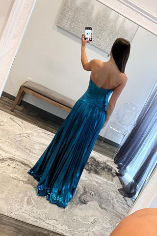 Cute A Line Turquoise Sweetheart Metallic Pleated Prom Dresses