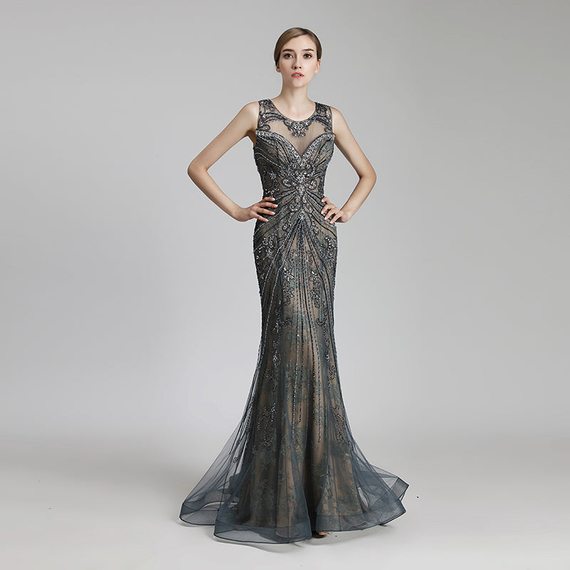 Exquisite Sleeveless Mermaid Evening Gown with Beaded and Embroidered Mesh Bodice Prom Dress,LX429