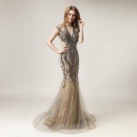 Glamorous Off - the - Shoulder V - Neck Mermaid Gown with Intricate Beadwork and Tulle Train Prom Dress,LX430