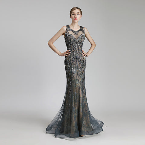 Exquisite Sleeveless Mermaid Evening Gown with Beaded and Embroidered Mesh Bodice Prom Dress,LX429