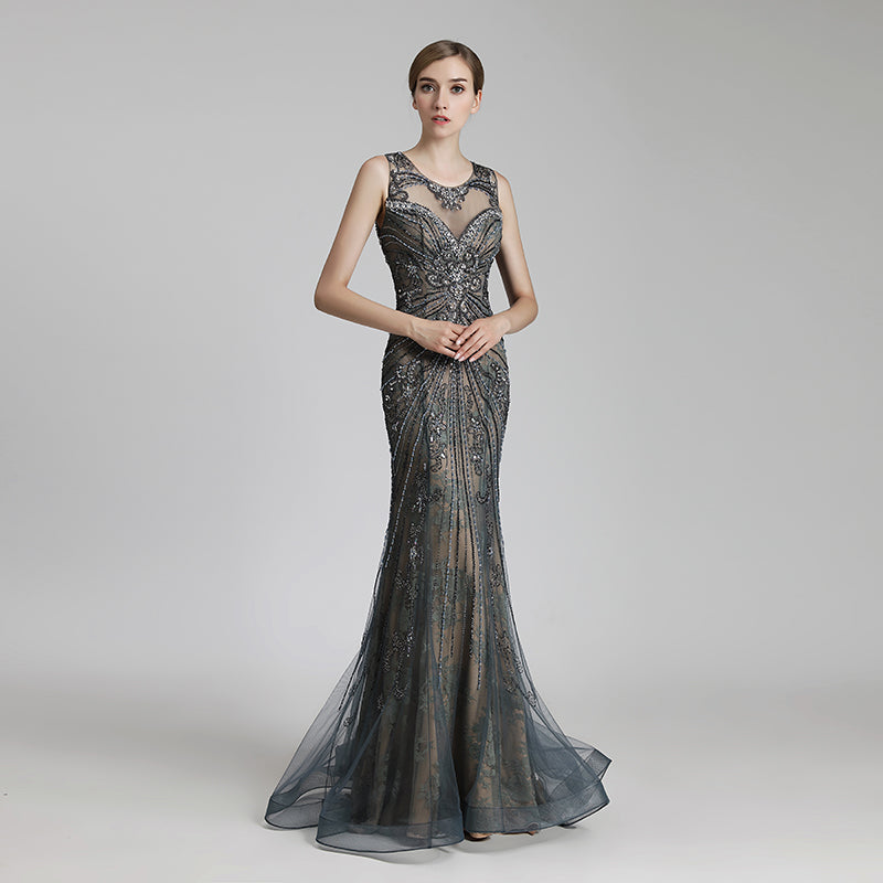 Exquisite Sleeveless Mermaid Evening Gown with Beaded and Embroidered Mesh Bodice Prom Dress,LX429