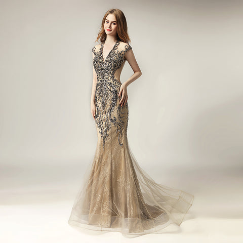 Glamorous Off - the - Shoulder V - Neck Mermaid Gown with Intricate Beadwork and Tulle Train Prom Dress,LX430