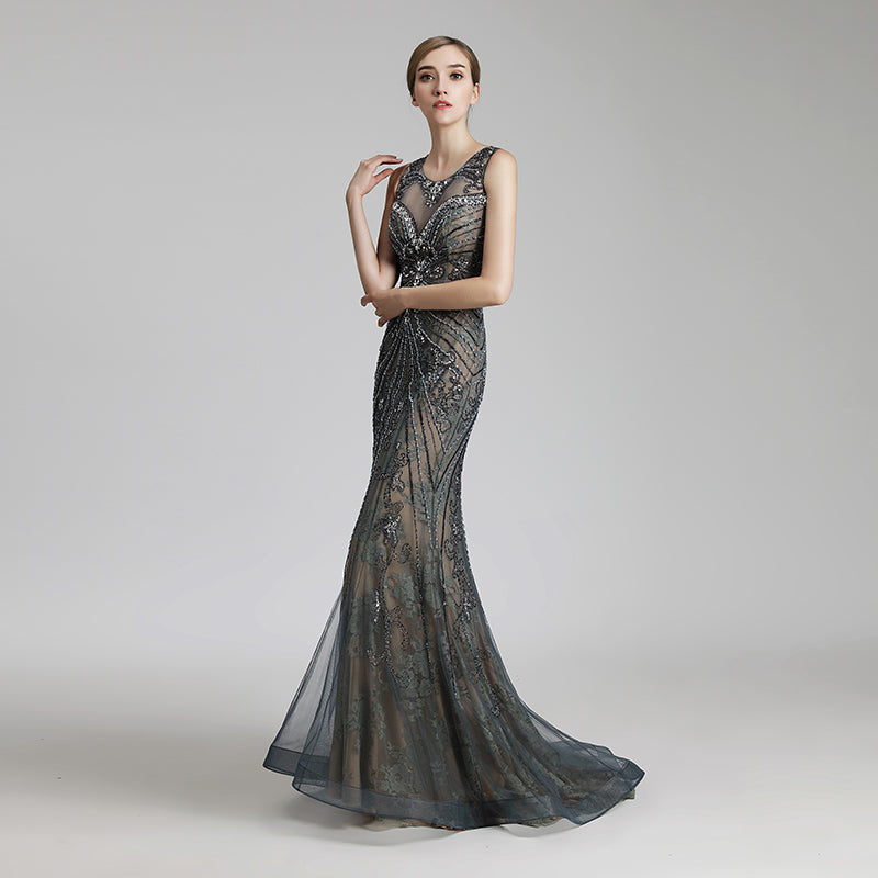 Exquisite Sleeveless Mermaid Evening Gown with Beaded and Embroidered Mesh Bodice Prom Dress,LX429