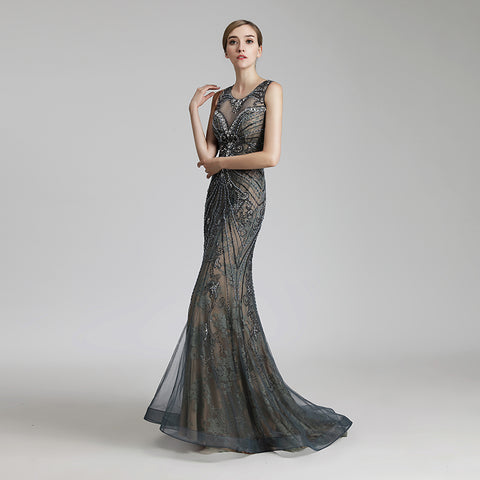 Exquisite Sleeveless Mermaid Evening Gown with Beaded and Embroidered Mesh Bodice Prom Dress,LX429