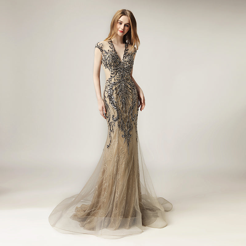 Glamorous Off - the - Shoulder V - Neck Mermaid Gown with Intricate Beadwork and Tulle Train Prom Dress,LX430