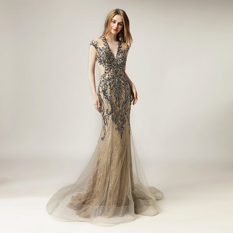 Glamorous Off - the - Shoulder V - Neck Mermaid Gown with Intricate Beadwork and Tulle Train Prom Dress,LX430