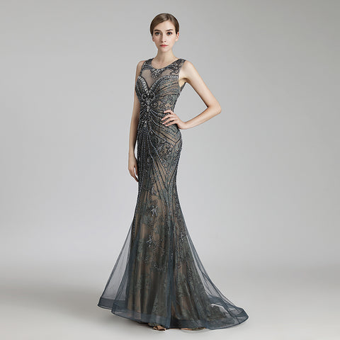 Exquisite Sleeveless Mermaid Evening Gown with Beaded and Embroidered Mesh Bodice Prom Dress,LX429