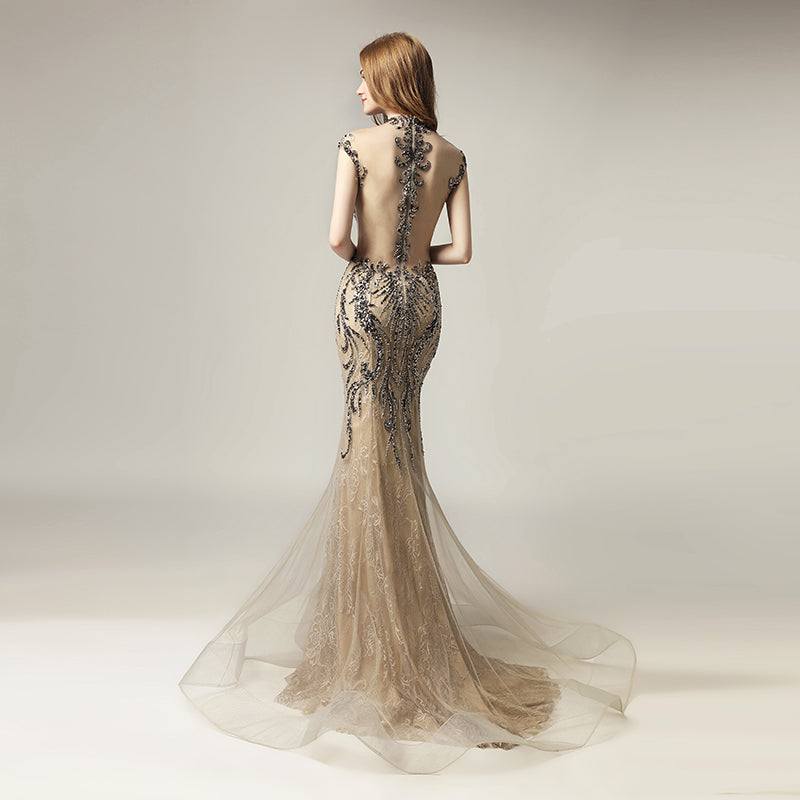 Glamorous Off - the - Shoulder V - Neck Mermaid Gown with Intricate Beadwork and Tulle Train Prom Dress,LX430