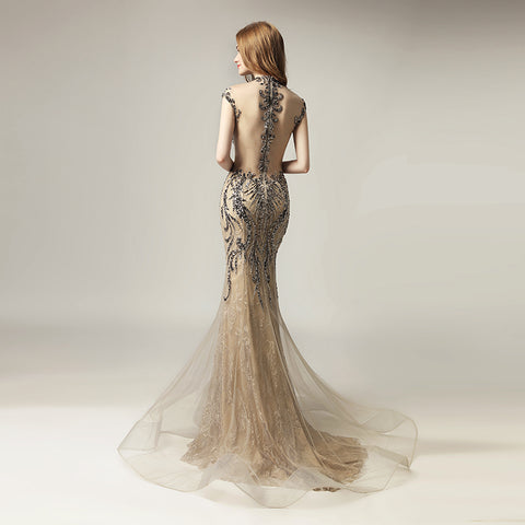 Glamorous Off - the - Shoulder V - Neck Mermaid Gown with Intricate Beadwork and Tulle Train Prom Dress,LX430