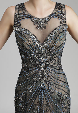 Exquisite Sleeveless Mermaid Evening Gown with Beaded and Embroidered Mesh Bodice Prom Dress,LX429
