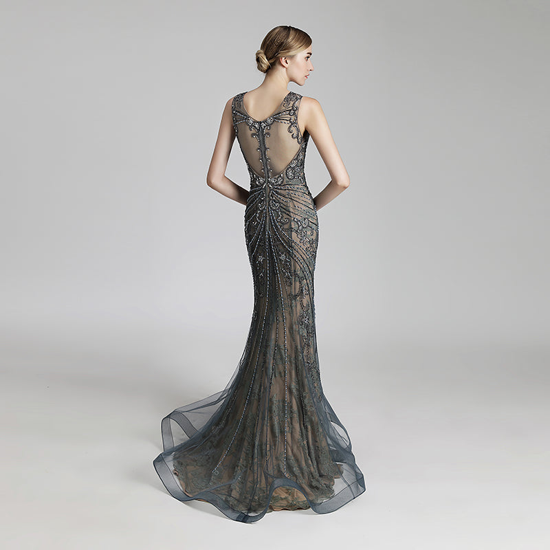 Exquisite Sleeveless Mermaid Evening Gown with Beaded and Embroidered Mesh Bodice Prom Dress,LX429
