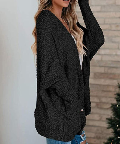 Winter new plus size knitted double pocket cardigan mid length sweater