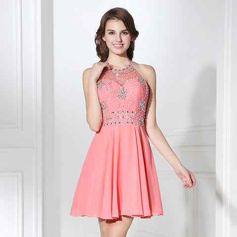 Alluring Coral Halter Embellished Chiffon Prom Dress, SD394