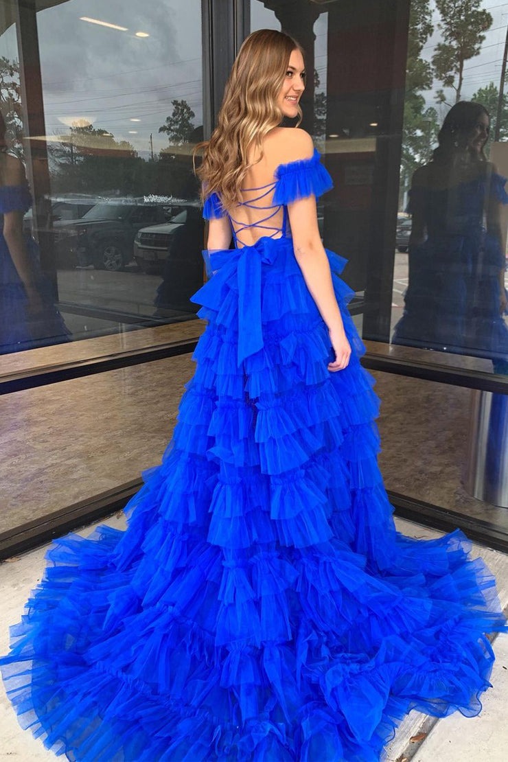 Blue Off the Shoulder Ruffle Tulle Long Prom Dress with Slit