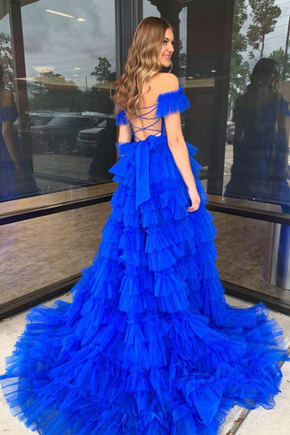 Blue Off the Shoulder Ruffle Tulle Long Prom Dress with Slit