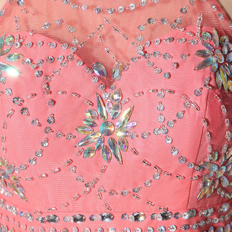 Alluring Coral Halter Embellished Chiffon Prom Dress, SD394