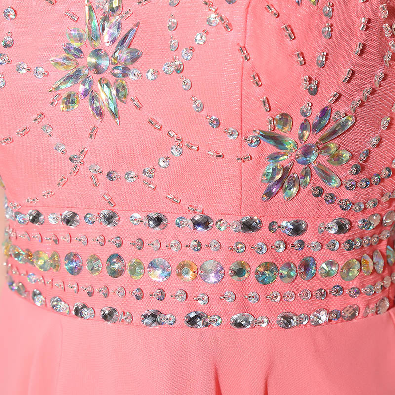 Alluring Coral Halter Embellished Chiffon Prom Dress, SD394