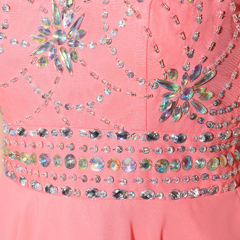 Alluring Coral Halter Embellished Chiffon Prom Dress, SD394