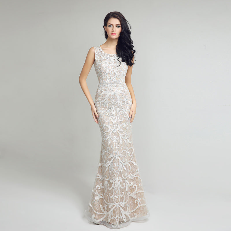 Elegant Sleeveless Mermaid Evening Gown with Exquisite Embroidery Prom Dress，LX212