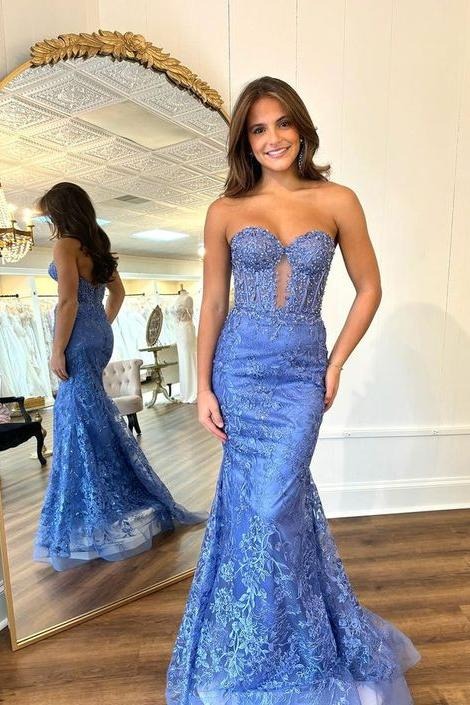 Cute Sweetheart Mermaid Blue Lace Prom Dresses