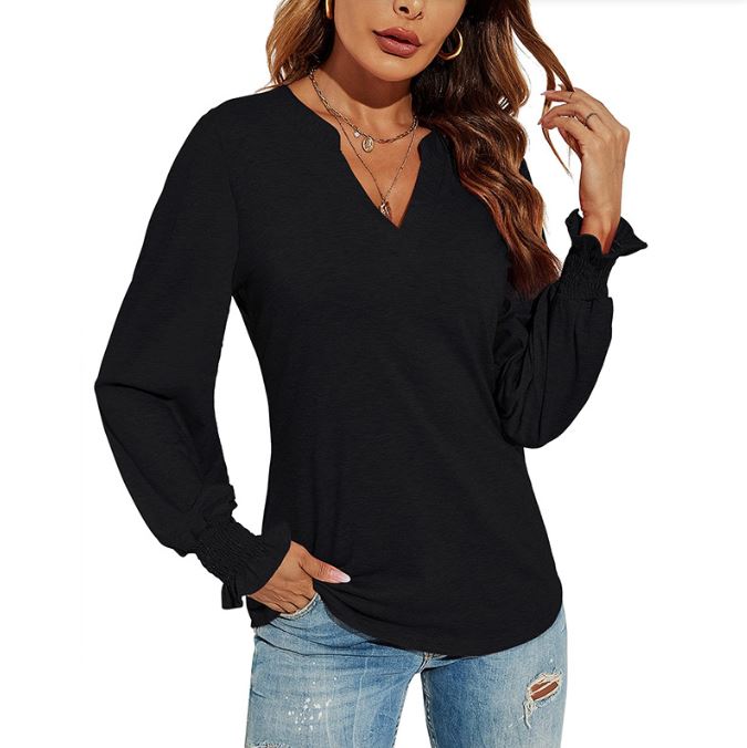 New V-neck patchwork loose autumn solid color top
